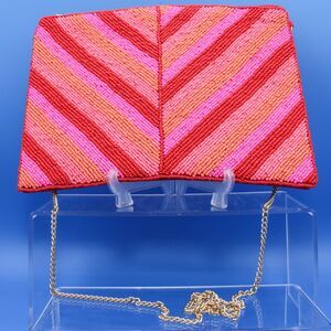 Kay Lee Red Pink Beaded Chevron Crossbody Purse Removable Chain 9.75"x6.75"